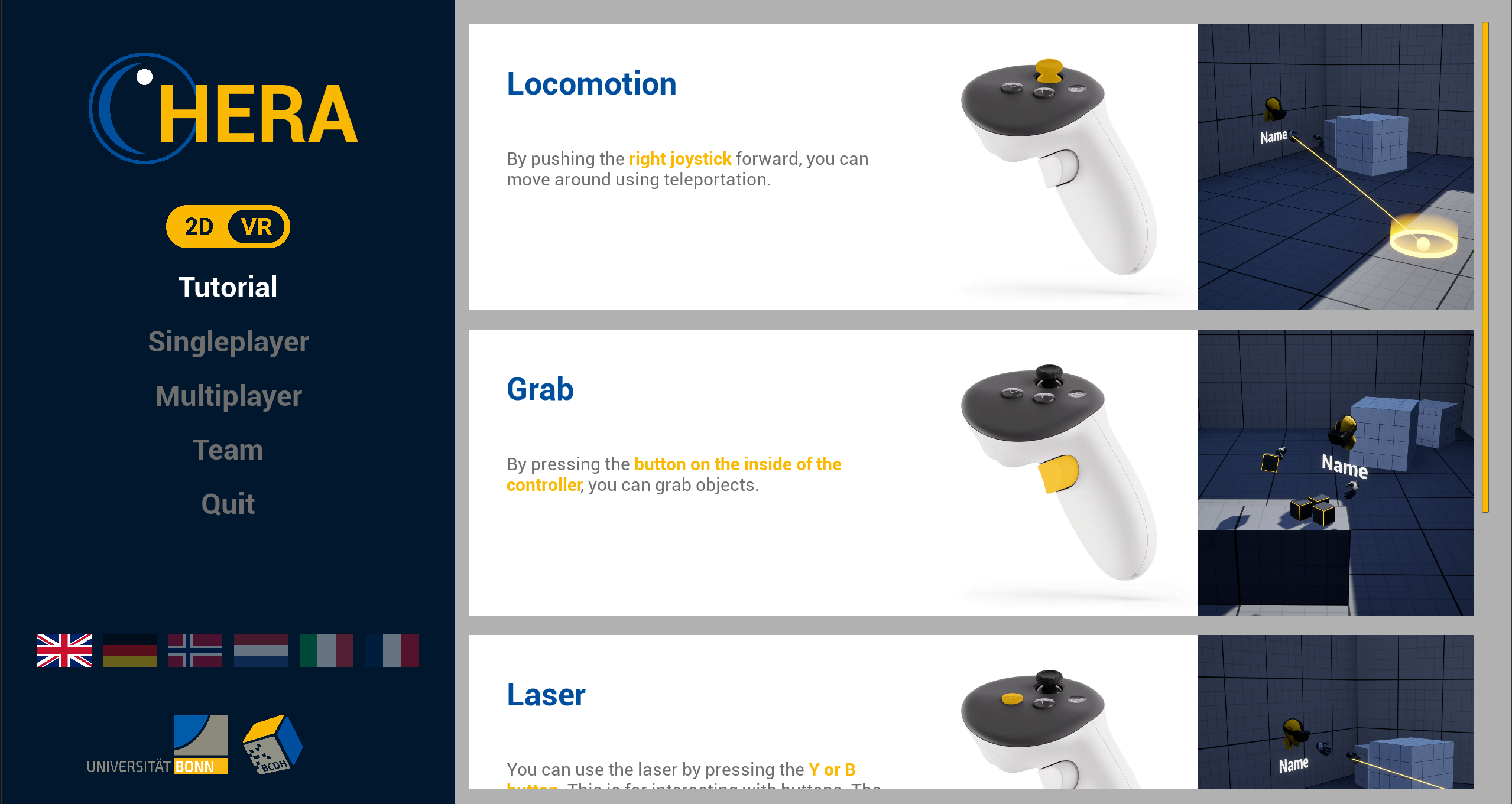 Visual overview of the controls in VR mode